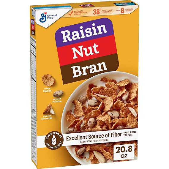 Raisin Nut Bran Cereal, High Fiber Cereal, Made with Whole Grain, 20.8 oz | Crispy Flakes, Crunchy Almonds, and Sweet Covered Raisins, Contains 38g Whole Grain Per Serving, High Fiber