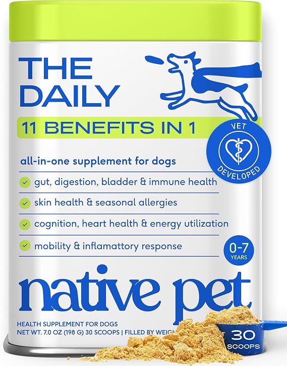Native Pet The Daily Dog Vitamins & Supplements - 11-in-1 Multivitamin for Dogs - Daily Powder Supplement with Probiotics, Collagen - 30 Scoops