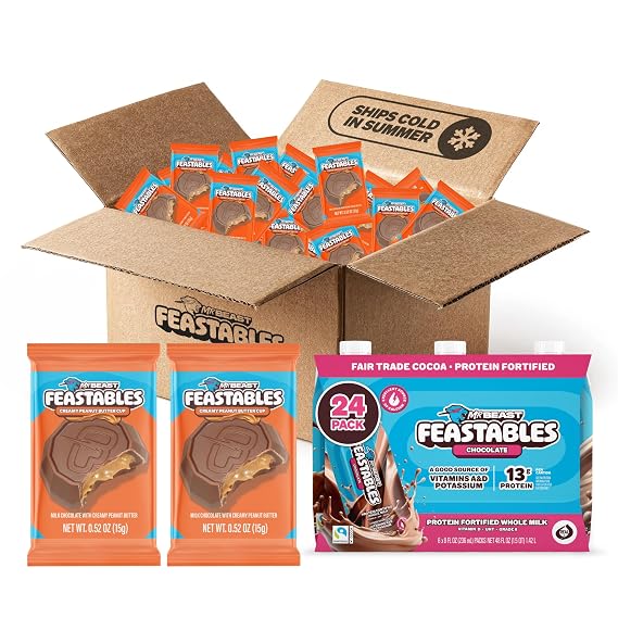 MrBeast Feastables Peanut Butter Cups 2lb Box & Protein Milk 24 Count | Party pack, chocolate bite size candy & drinks, ships cold, Fairtrade cocoa, clean ingredients, real whole milk nutrition