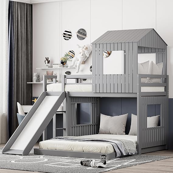 Harper & Bright Designs House Bunk Beds with Slide, Wood Twin Over Full Bunk Beds with Roof and Guard Rail for Kids, Toddlers, No Box Spring Needed (Gray, Twin Loft Bed with Slide)