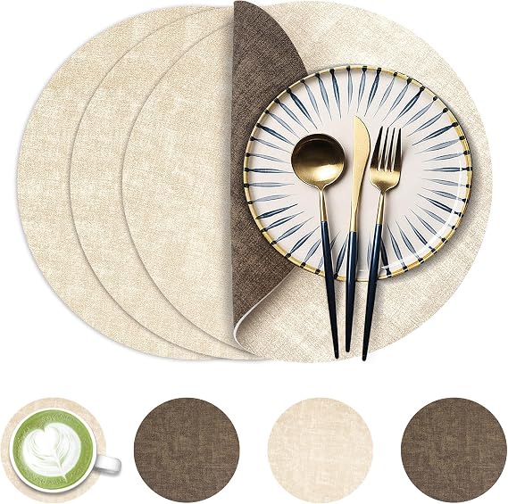 Fyvva Placemats Set of 4, 13" Round Reversible Faux Leather with Coasters