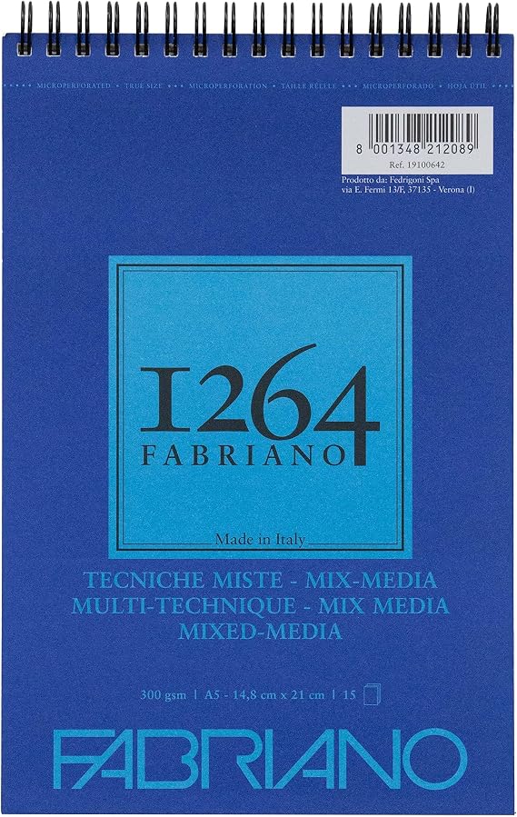 Fabriano Honsell 19100642 19100642-Fabriano Mix Media Spiral Pad 1264 300 g/m2 DIN Natural White Medium Grain Paper Acid Suitable for All Different Techniques White A5 15 Sheets